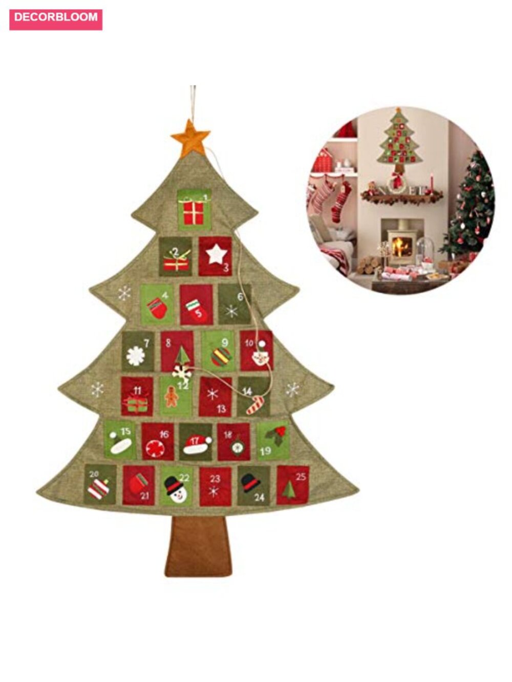 Linen Christmas Tree Advent Calendar 25 Pockets Hanging Countdown